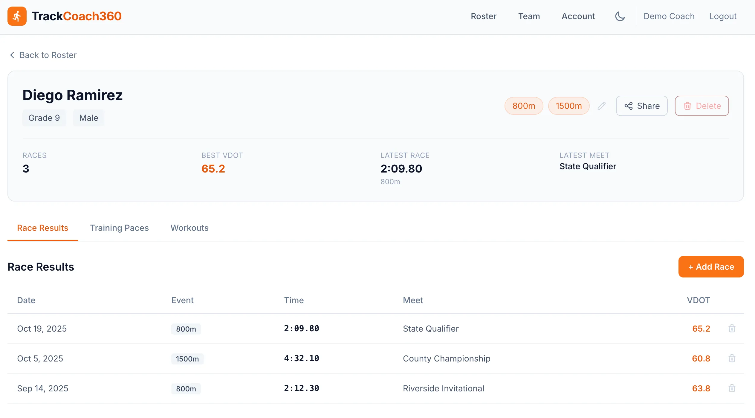 Athlete profile showing race results with automatic VDOT calculation for 800m and 1500m events